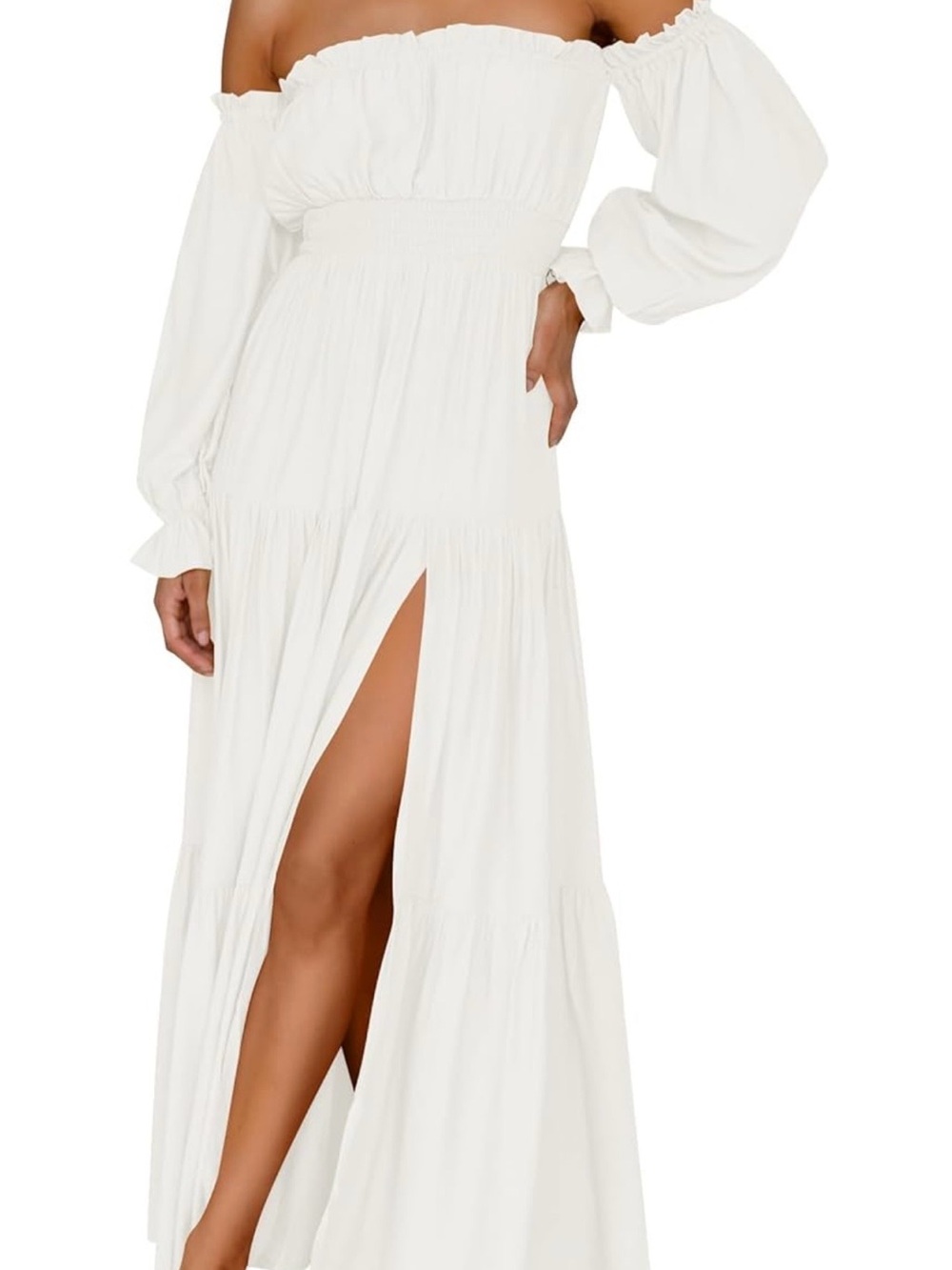 Women’s Off-Shoulder White One-Shoulder Maxi Dress with Front Slit